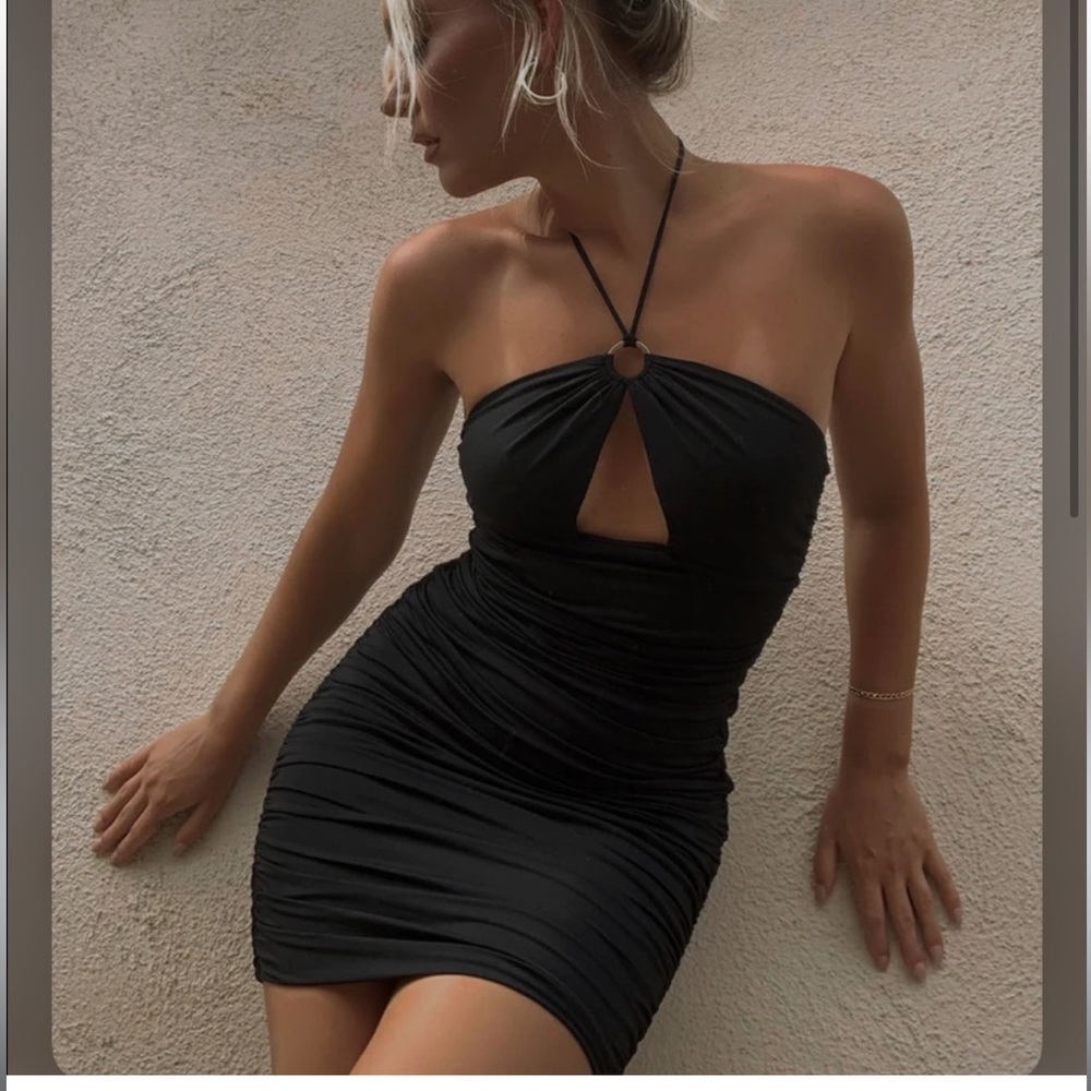 Princess Polly mini black dress ruched with silver detail